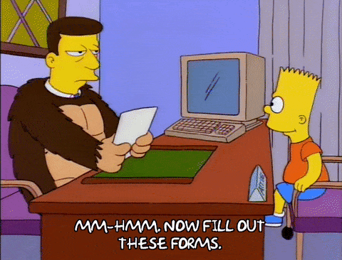 A man giving Bart Simpson forms to fill out