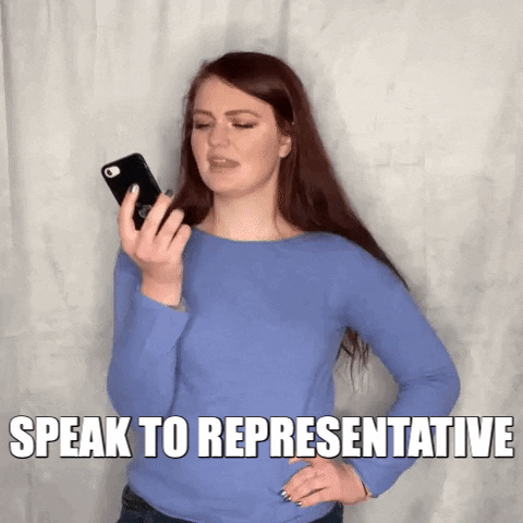 a girl yelling into her phone saying speak to a representative