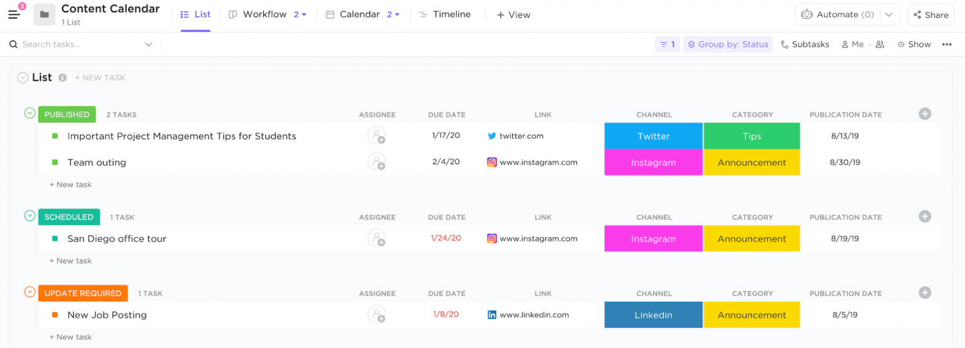 Social media Content calendar template from clickup