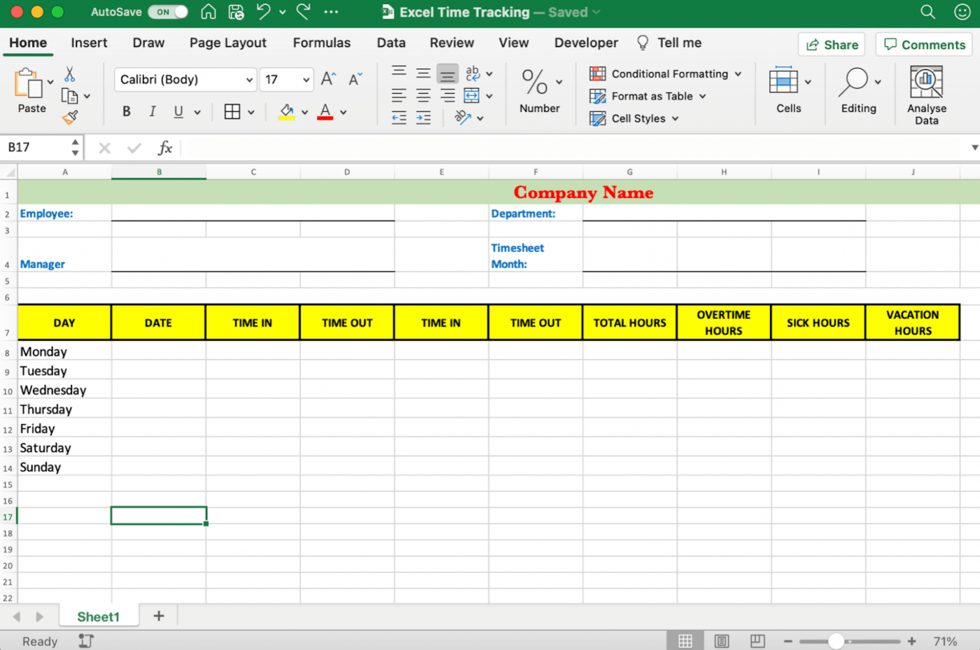 hoja de horas semanal en Excel