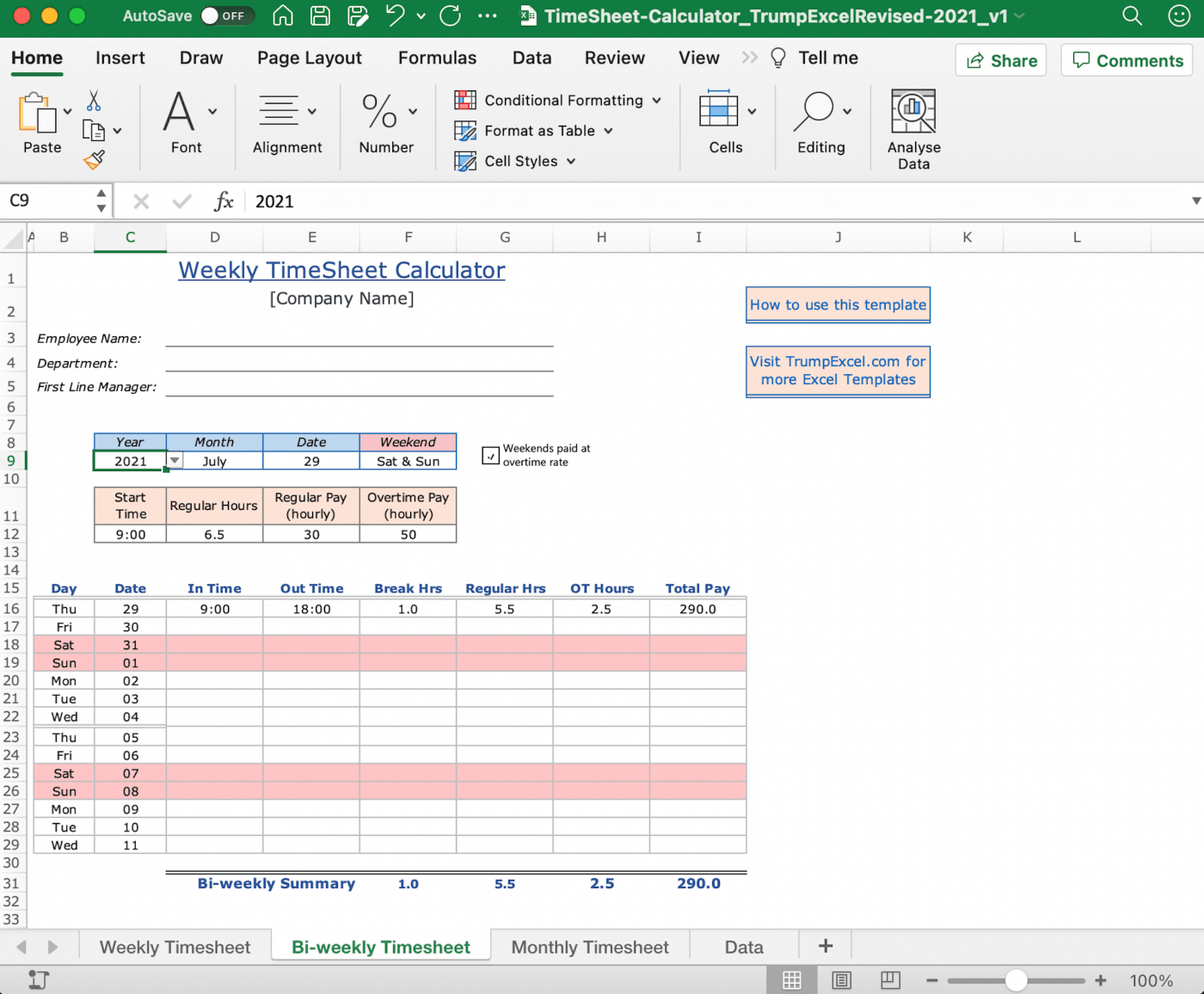 biweekly timesheet template in Excel