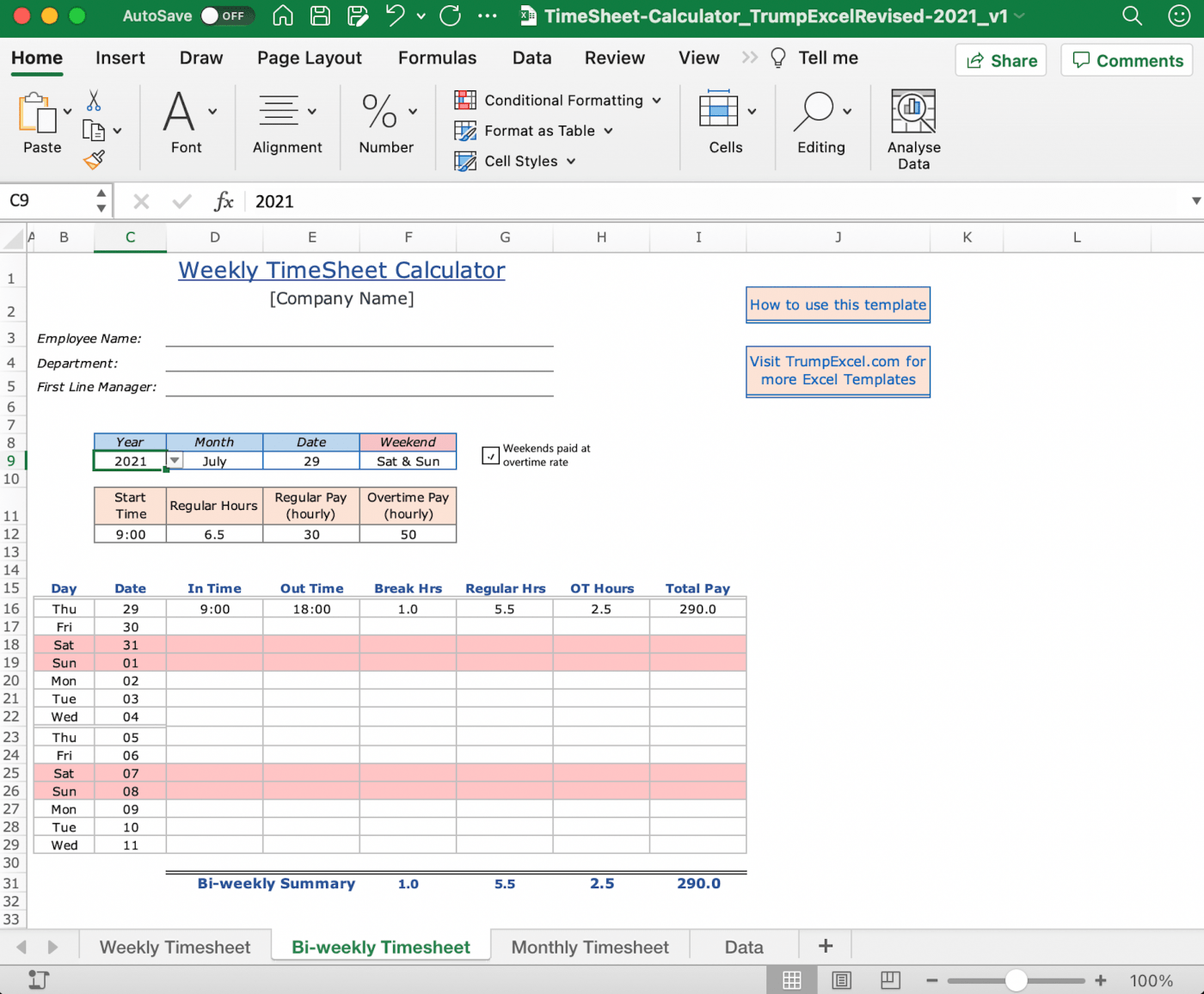 tweewekelijks sjabloon voor uren in Excel