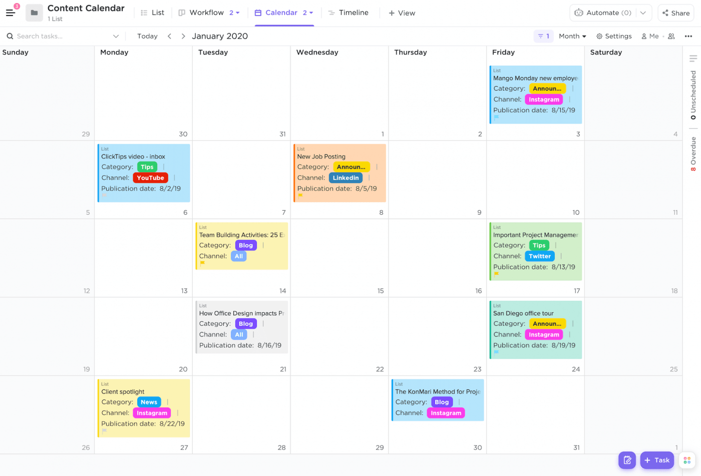 Content calendar in ClickUp Calendar view 