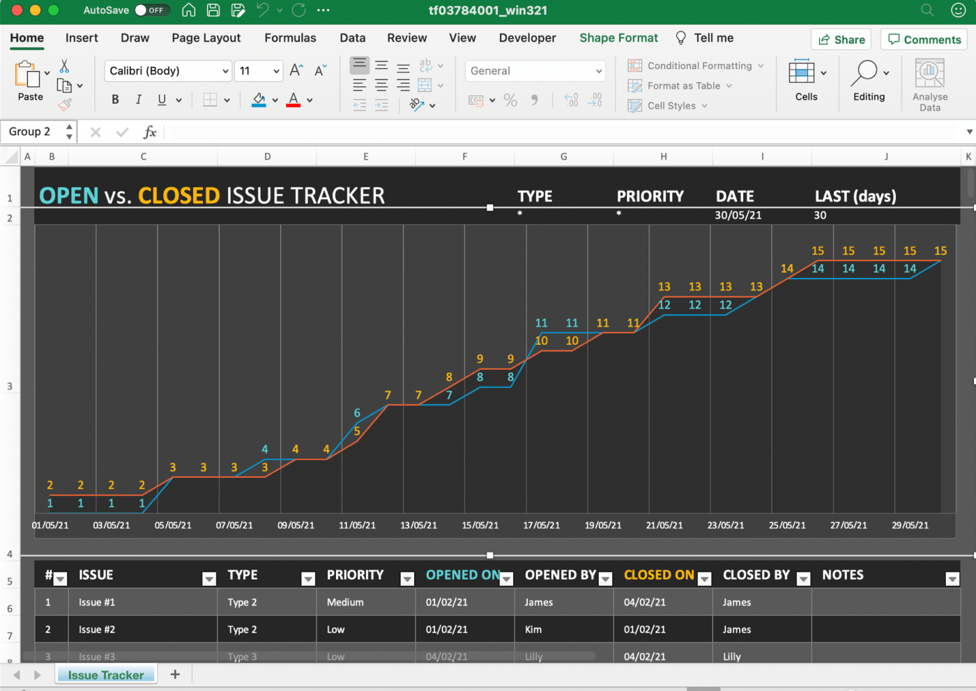 Vorlage für die Erfassung von Problemen im Projekt in Excel