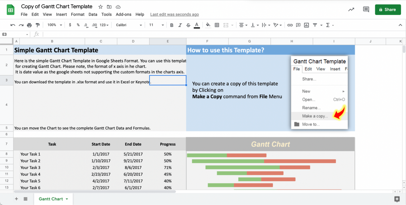 Modello di diagramma di Gantt per Google Sheet