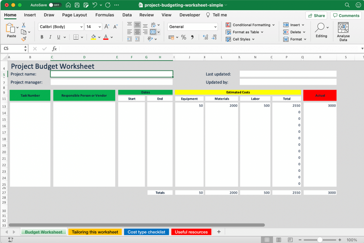 Project budgeting template in Excel