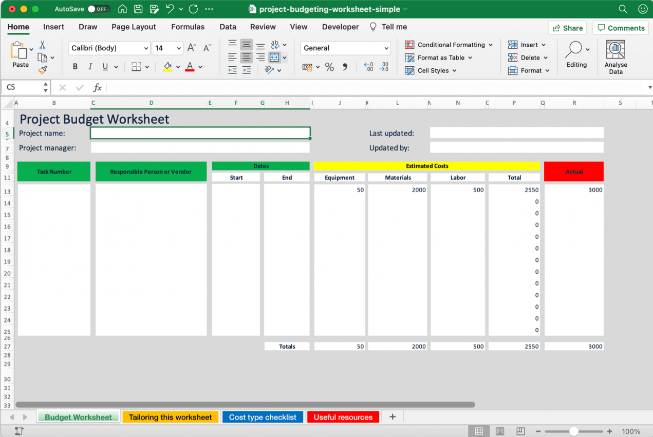 Modèle de budgétisation de projet en Excel