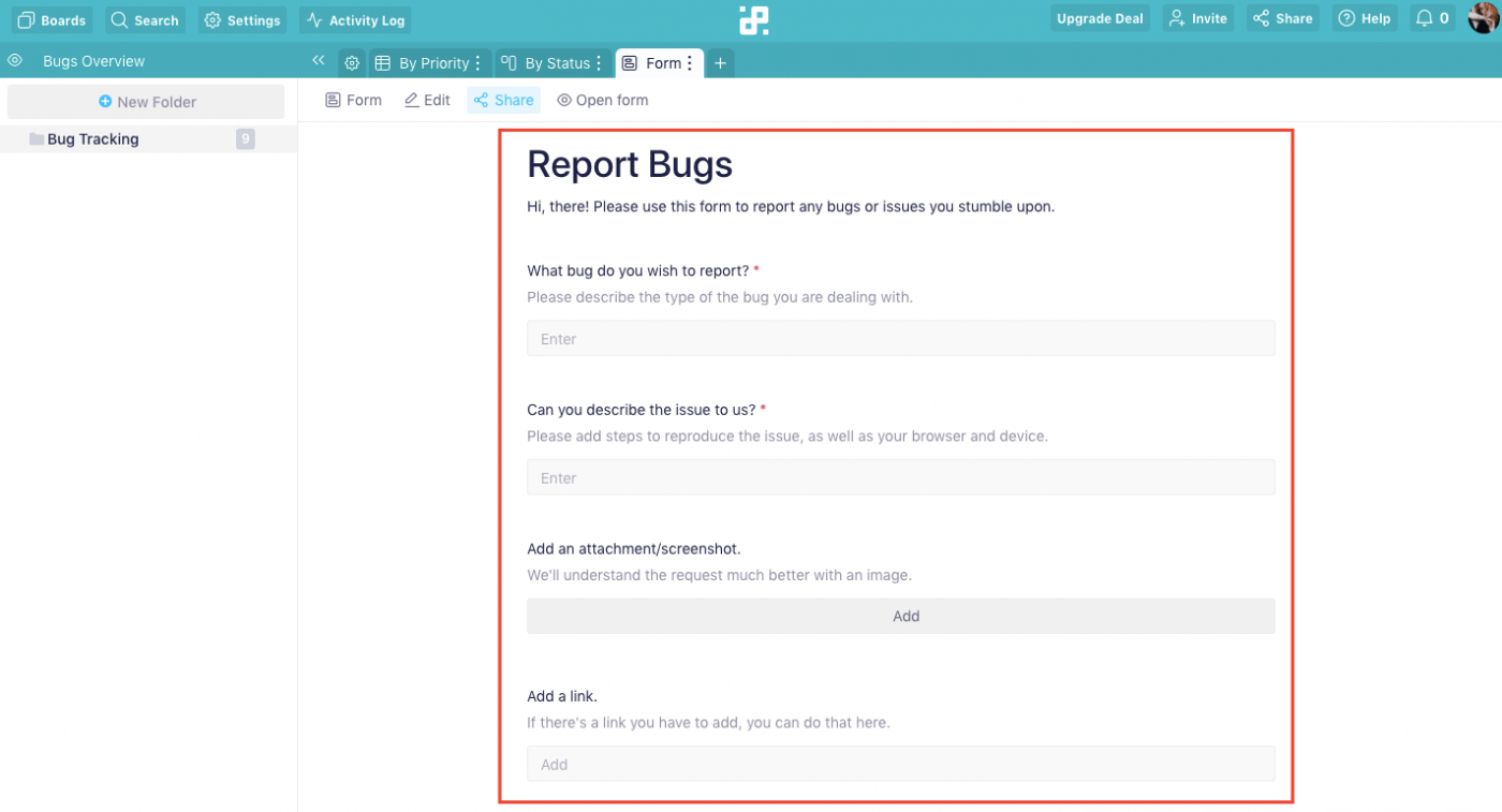 infinity project management bug report