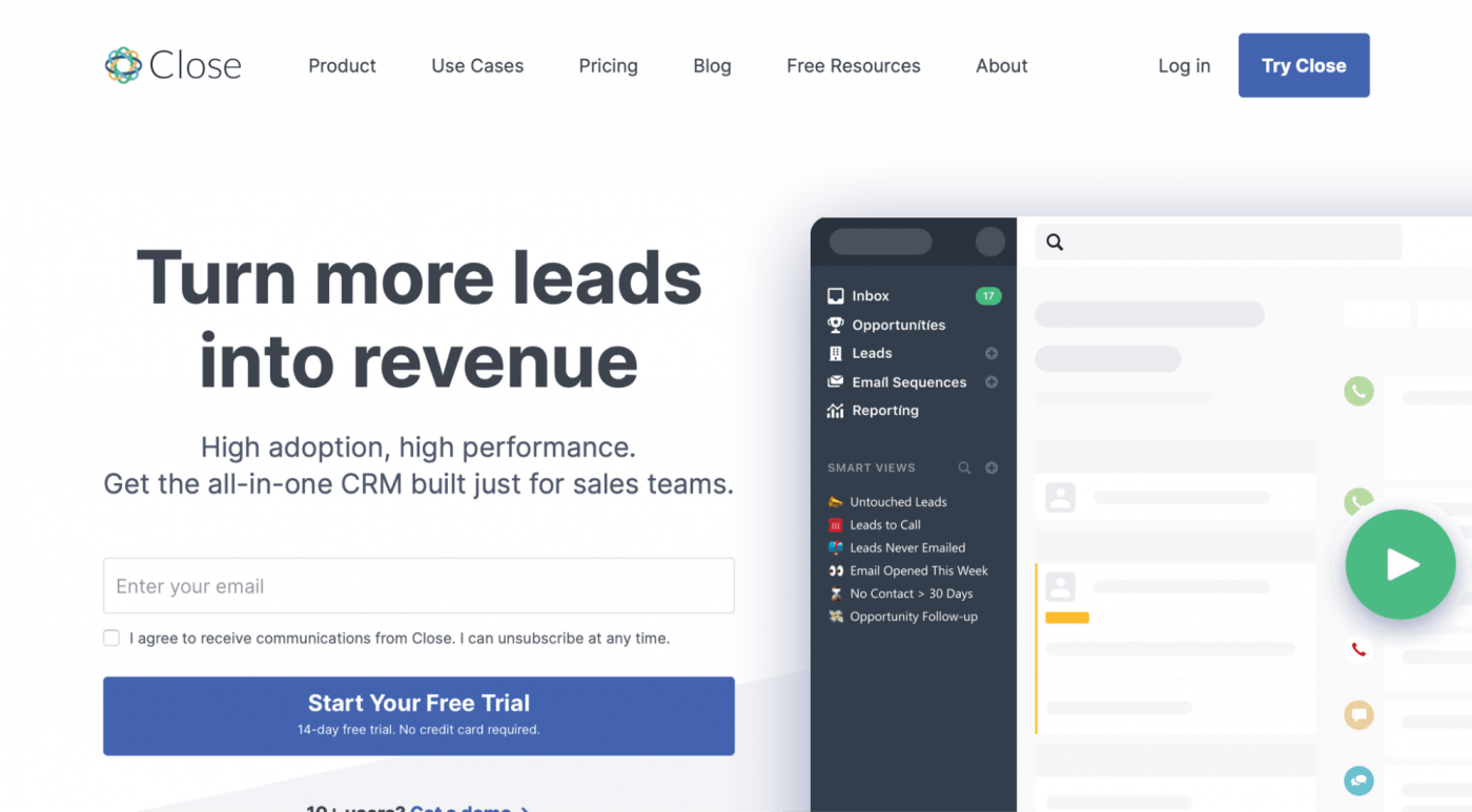 close crm homepage