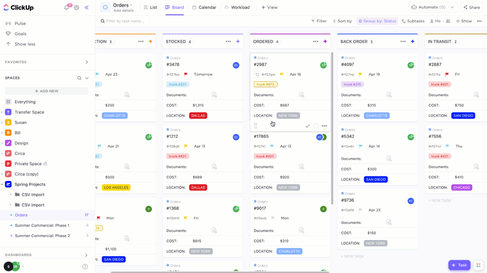 gestión de inventario tablero kanban clickup