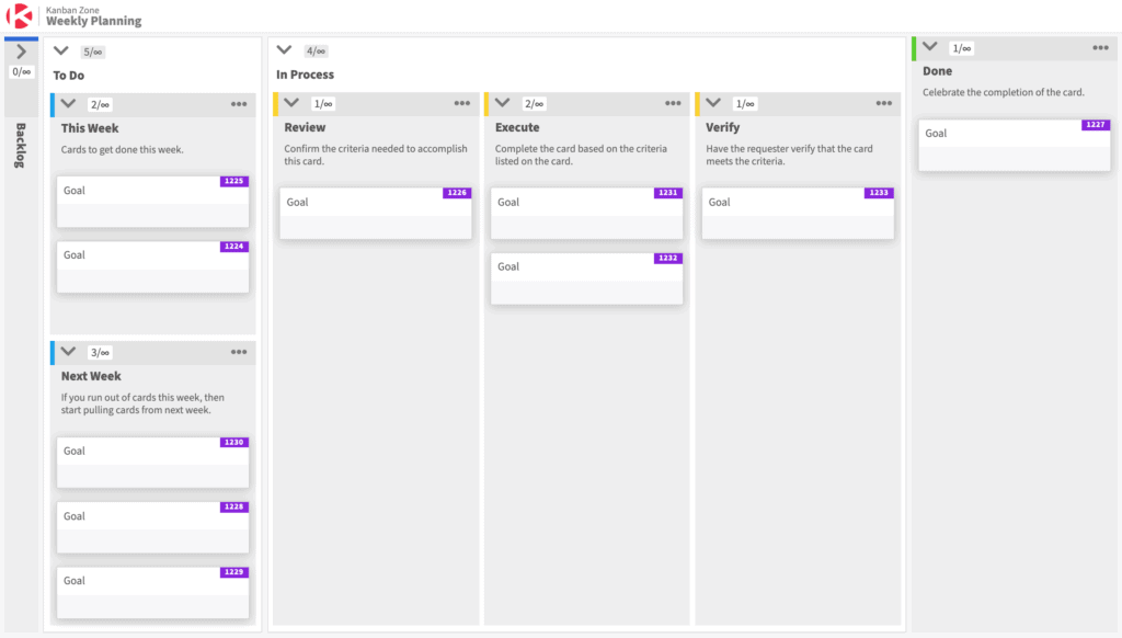 quadro kanban de metas semanais