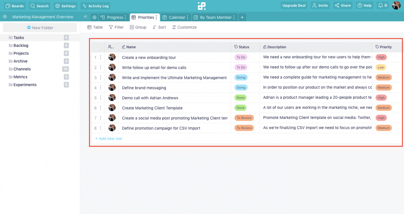 infinity project management spreadsheet