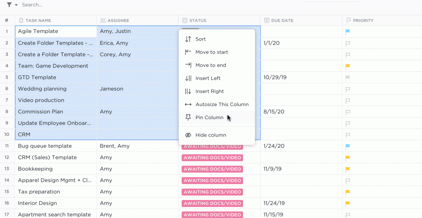 ClickUp Table view spreadsheet sorting example