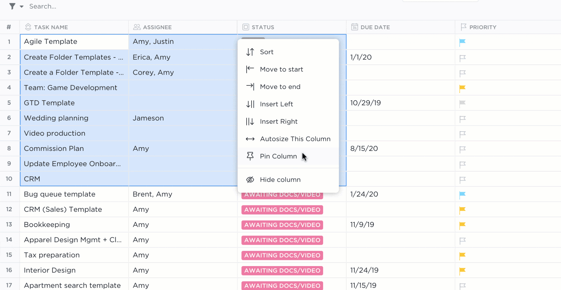 ClickUpでのテーブルビュー