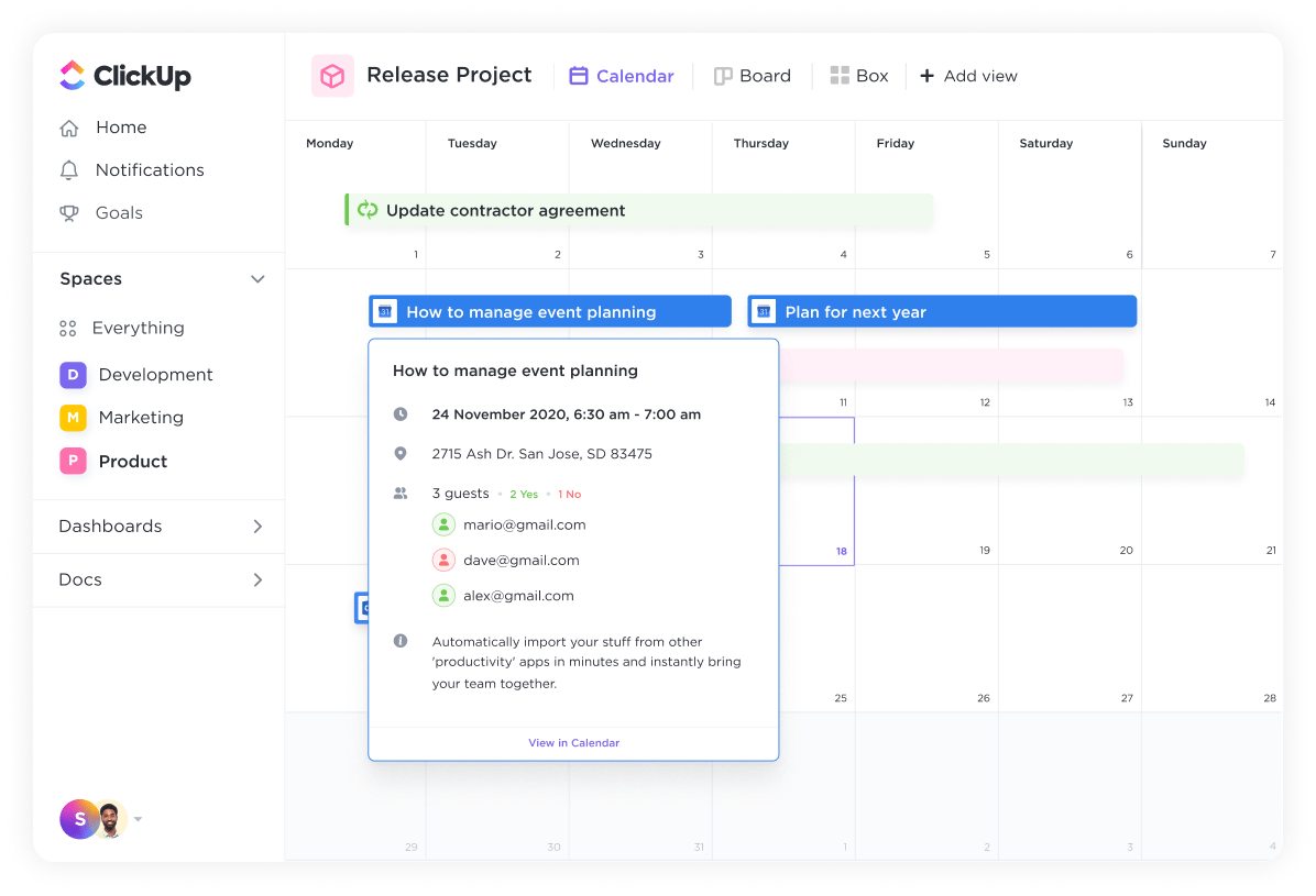 Connect ClickUp to Google Calendar to easily view scheduled meeting appointments in ClickUp