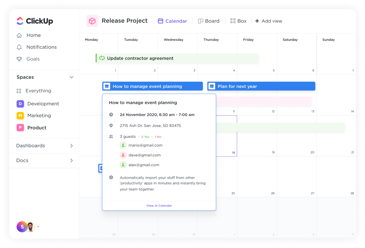 Conecte o ClickUp ao Google Calendar para visualizar facilmente os compromissos de reuniões agendadas no ClickUp