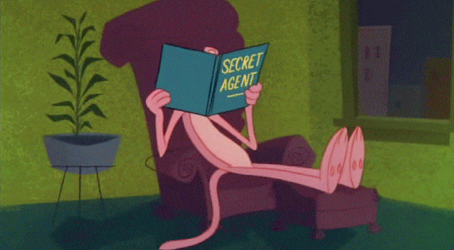 Pink Panther reading secret agent book and nodding