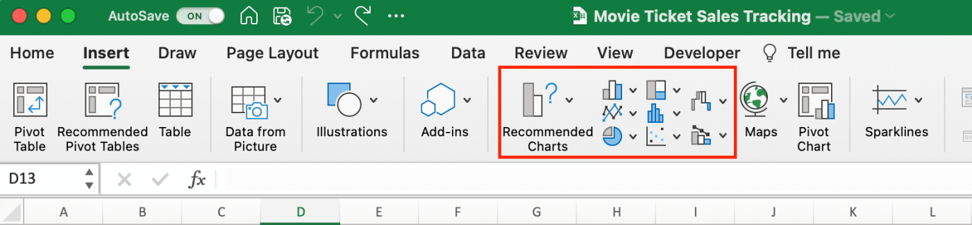 Barra de ferramentas da guia Inserir no Excel