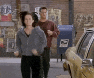 Monica from Friends jogging while Chandler hops into a taxi