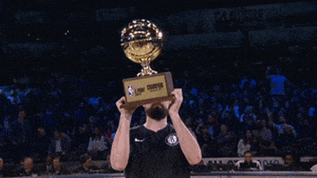 Basketball player holding up NBA championship trophy