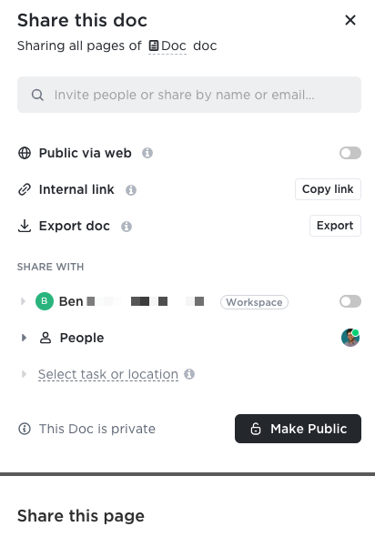 Private sharing options for Docs in ClickUp