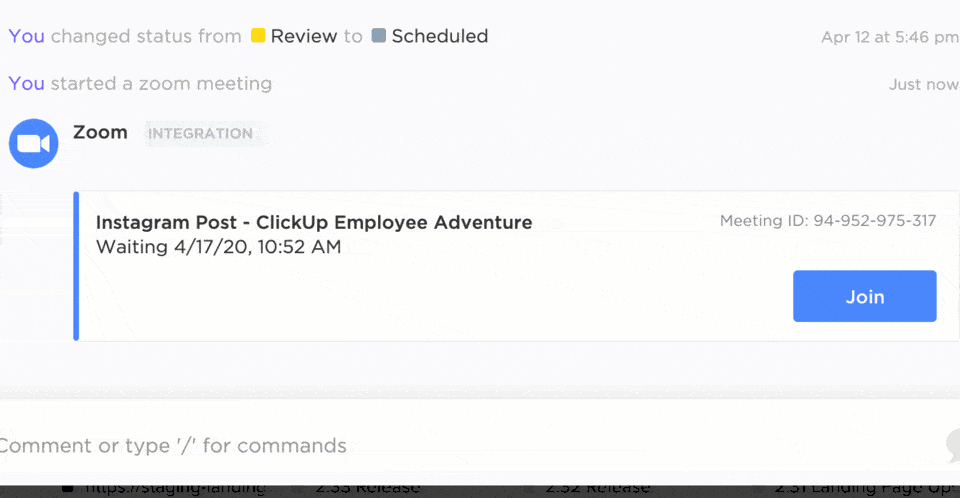 Best scheduling apps: Starting a meeting with ClickUp's Zoom integration