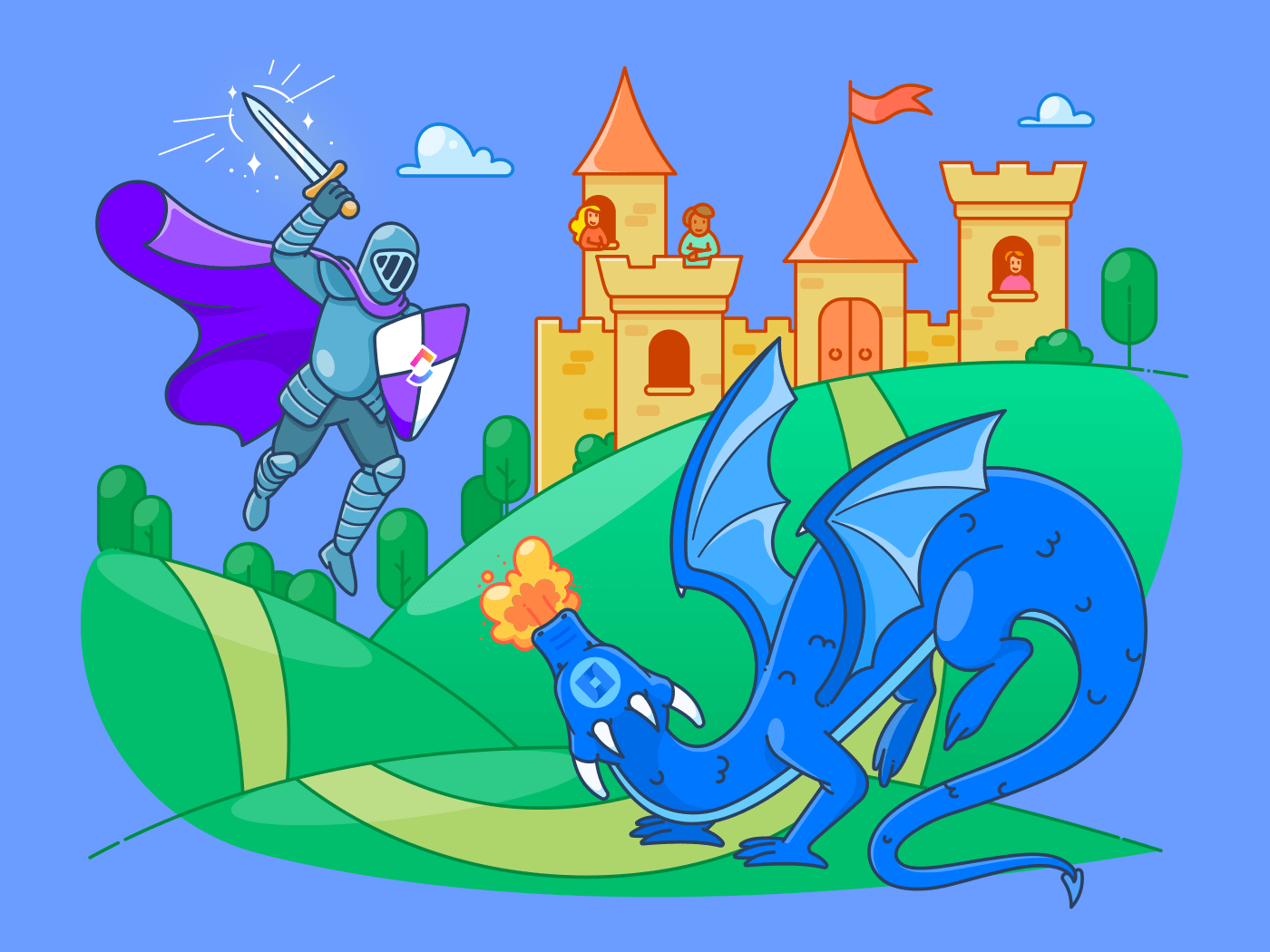 clickup knight fighting jira dragon