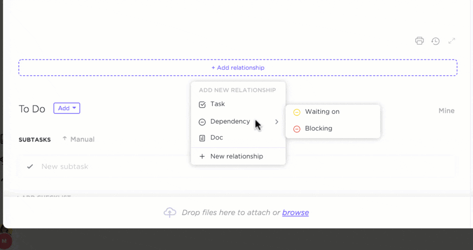 dependencies feature in clickup