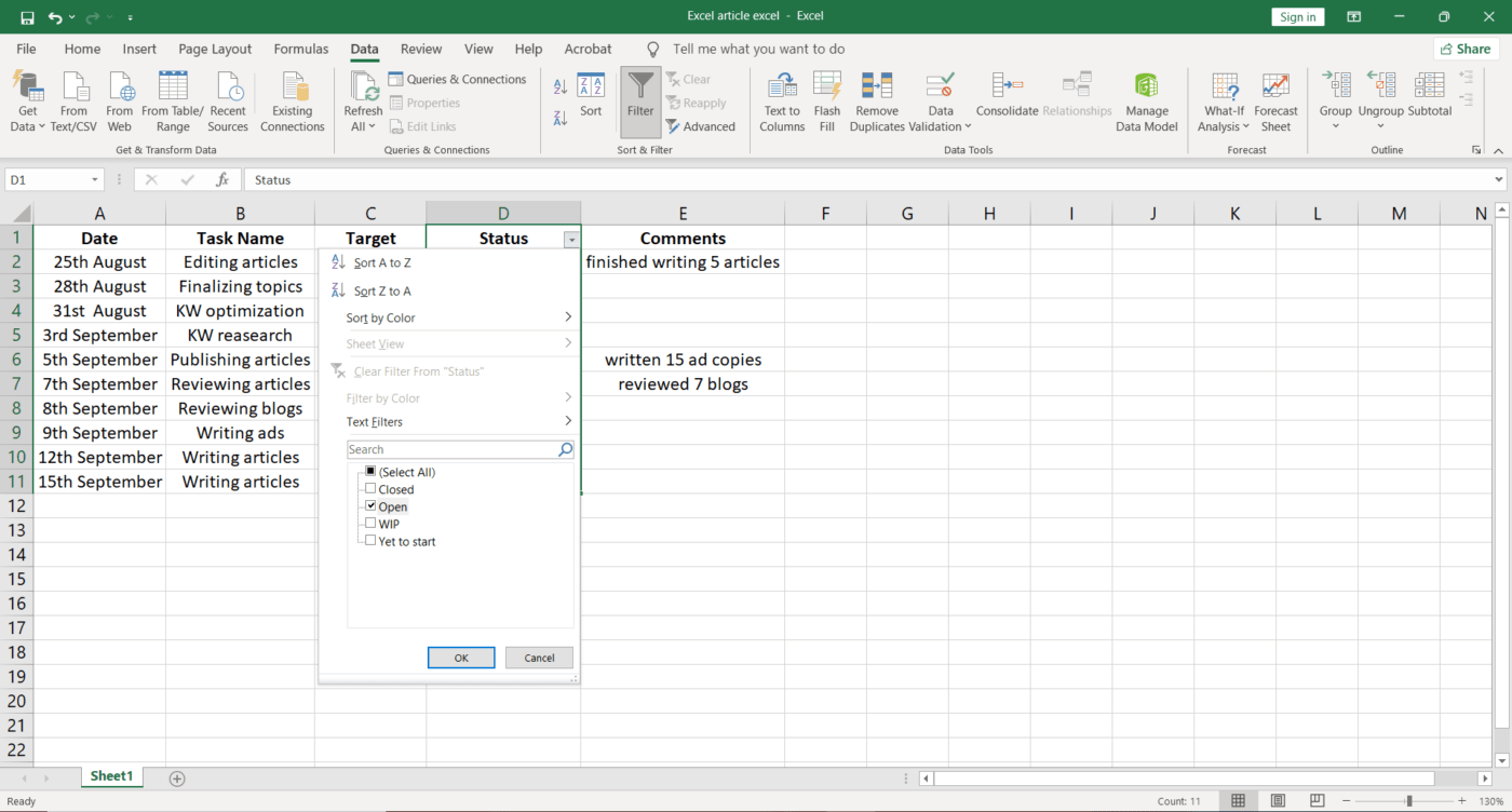 Filter for what you want to see in Excel