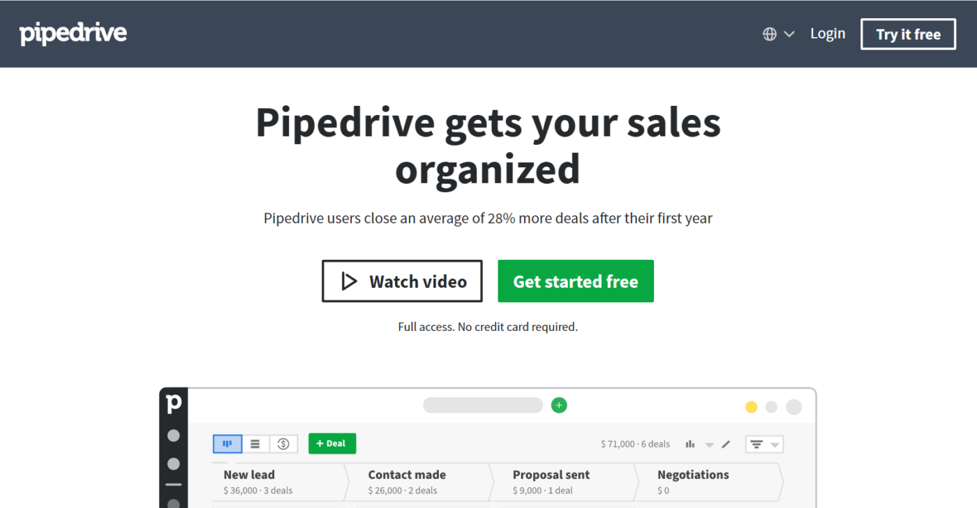 Pipedrive 홈 페이지