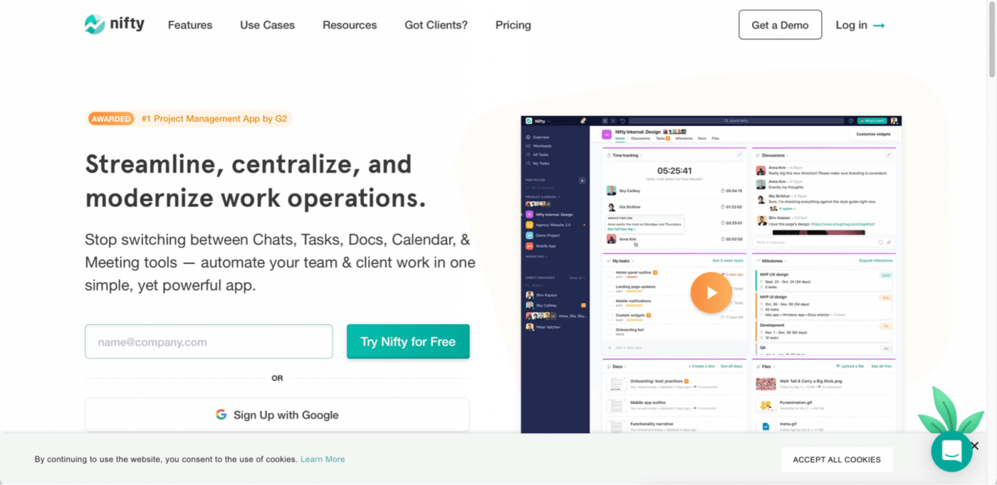 nifty project management homepage