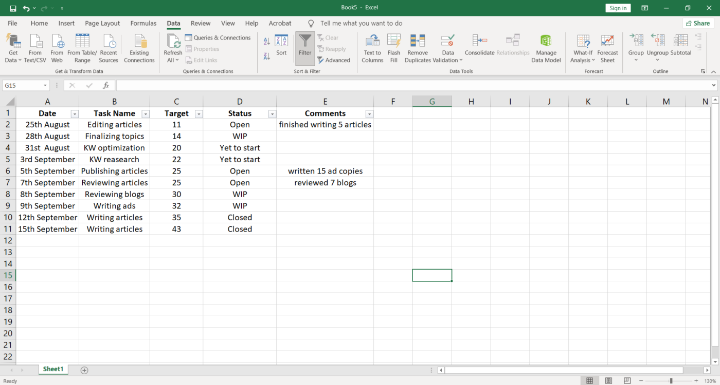 Dropdown options for workbook columns in Excel