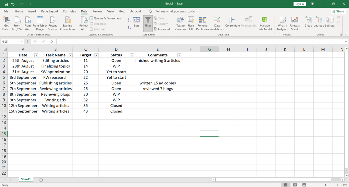 Dropdown-Optionen für Spalten der Arbeitsmappe in Excel