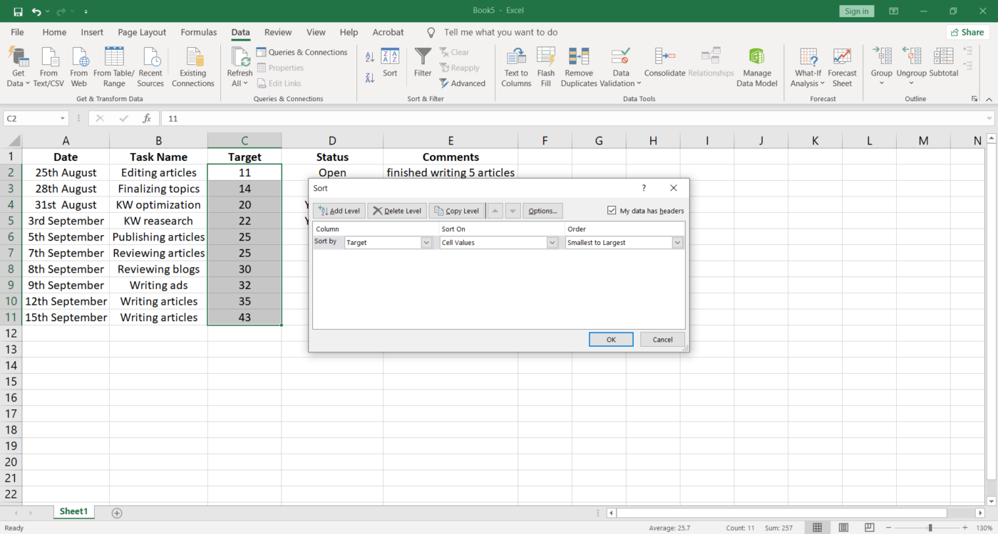Sort columns by target value in Excel