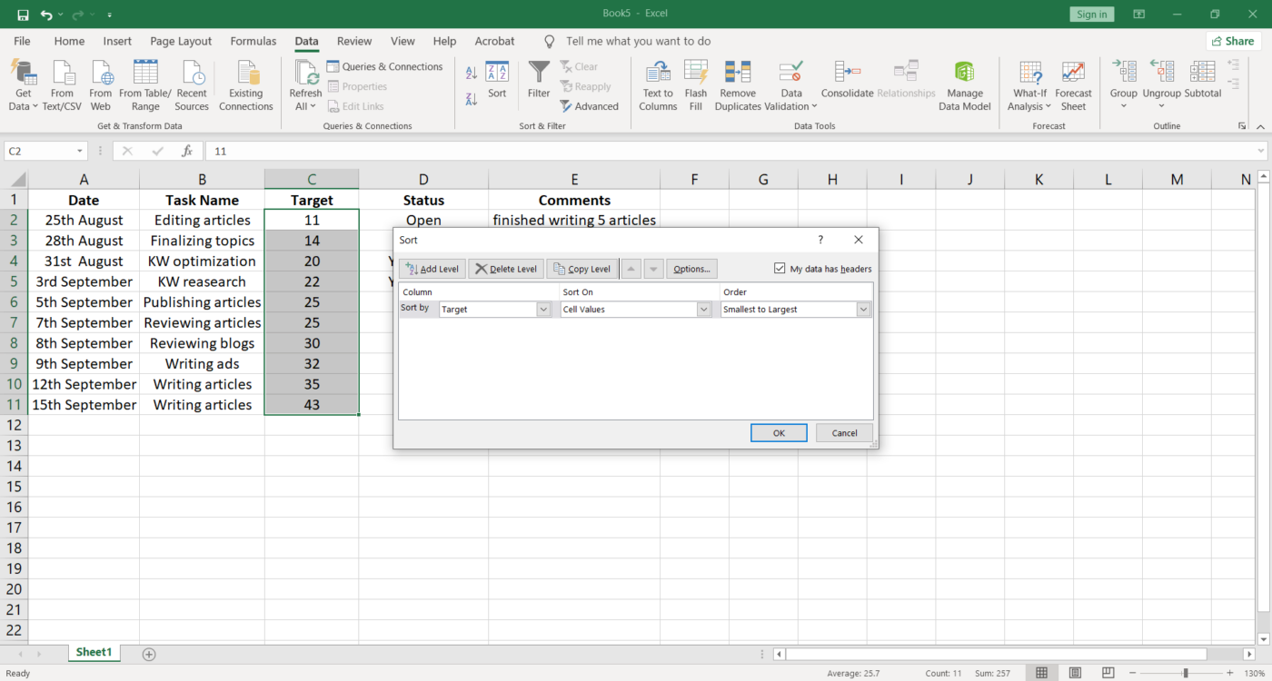 Ordinare le colonne per valore di traguardo in Excel