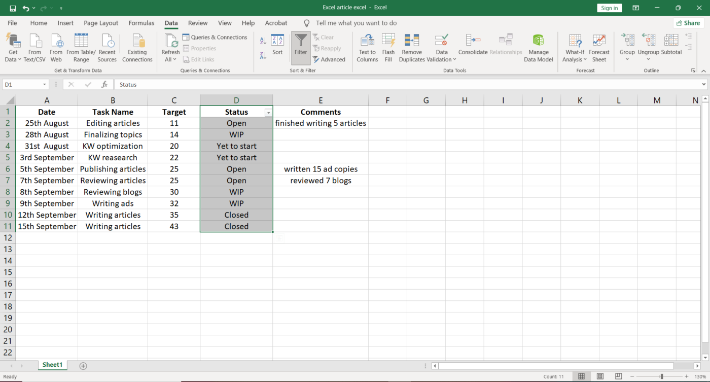 Filtered and sorted columns in Excel