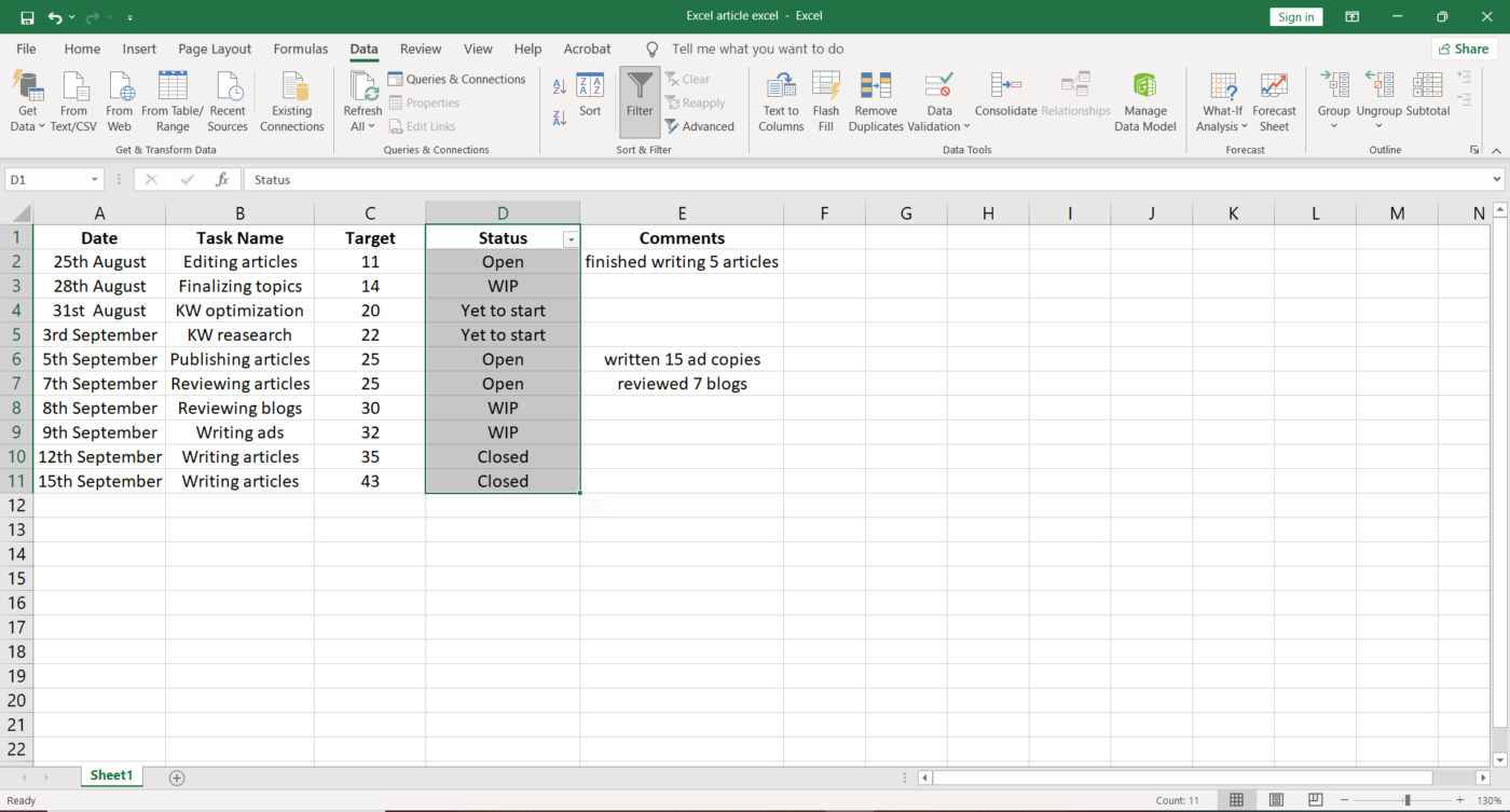 Gefilterte und sortierte Spalten in Excel