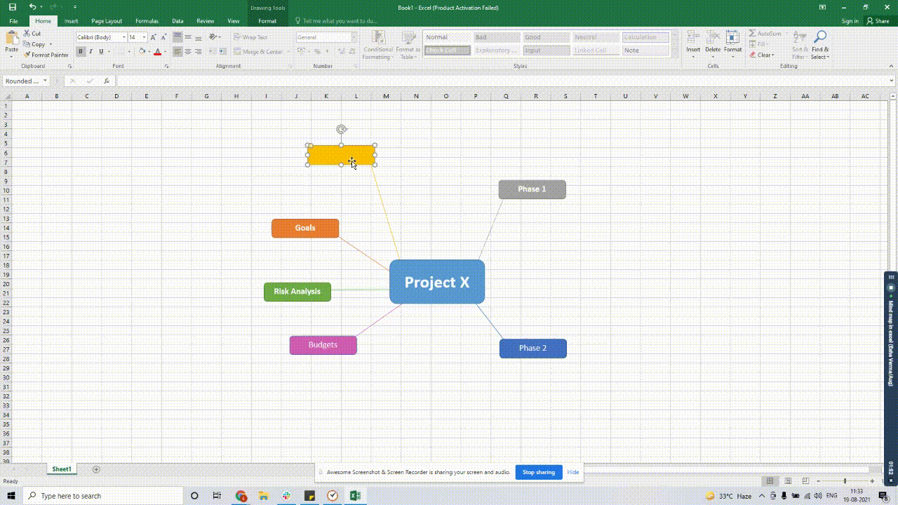 Adding text to mind maps in Excel