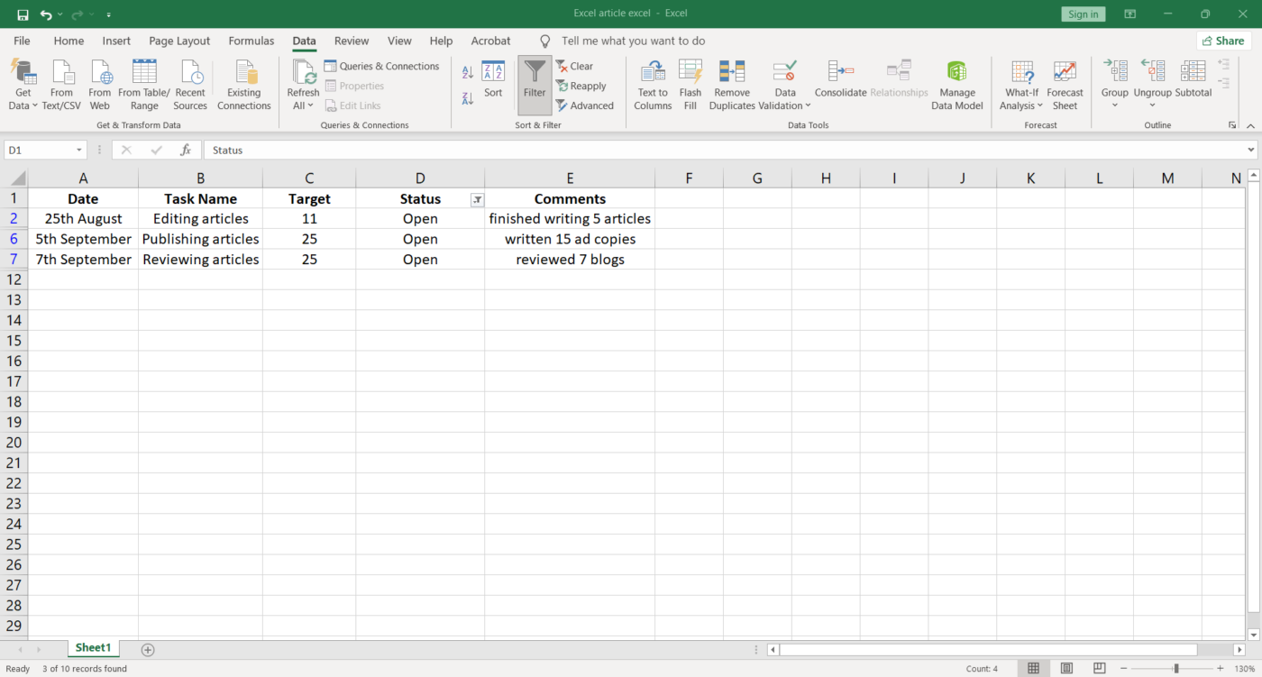 Filter for open tasks in Excel