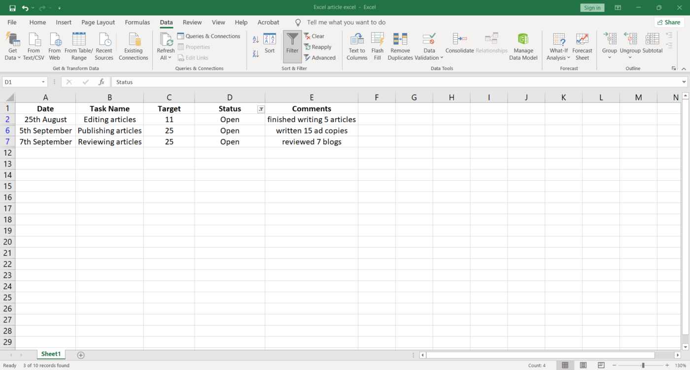 Filtro per le attività aperte in Excel