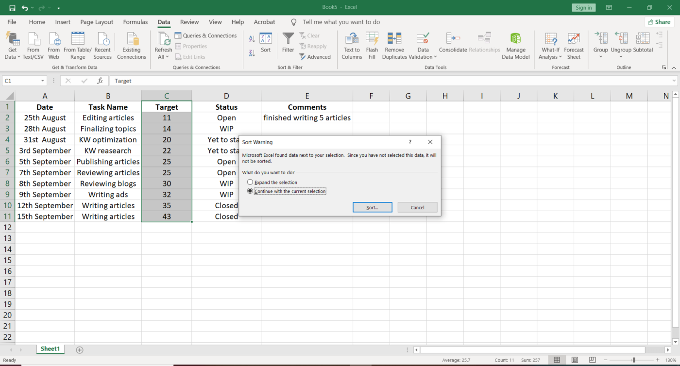 Sorting warning in Excel