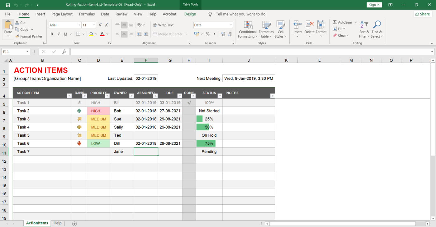 Modelo de lista de itens de ação no Excel