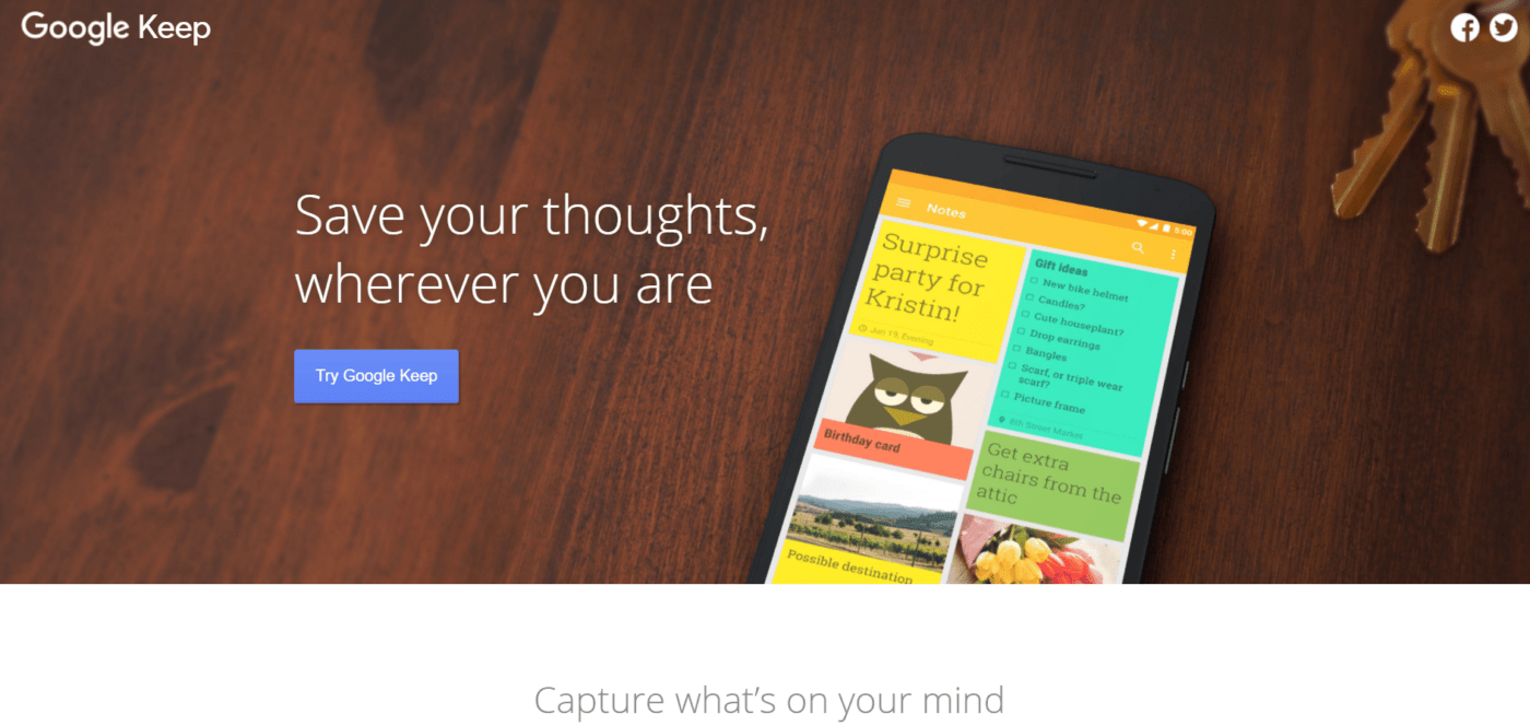 Startpagina van Google Keep