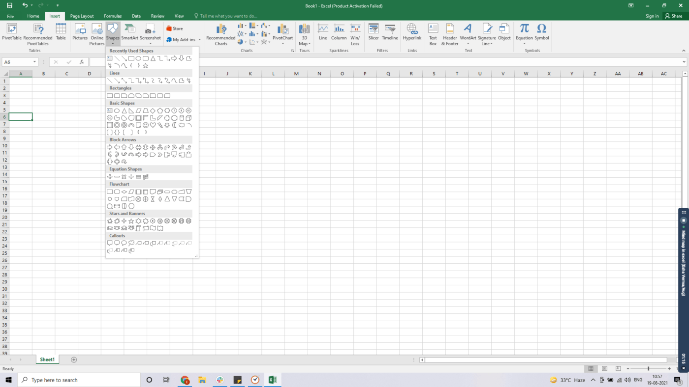 Shapes Menu in Excel Spreadsheet