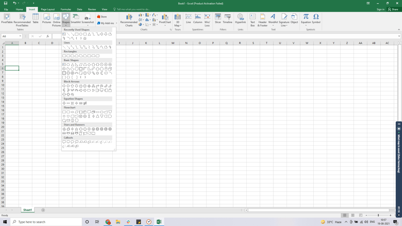 Menü "Formen" in einem Excel-Arbeitsblatt