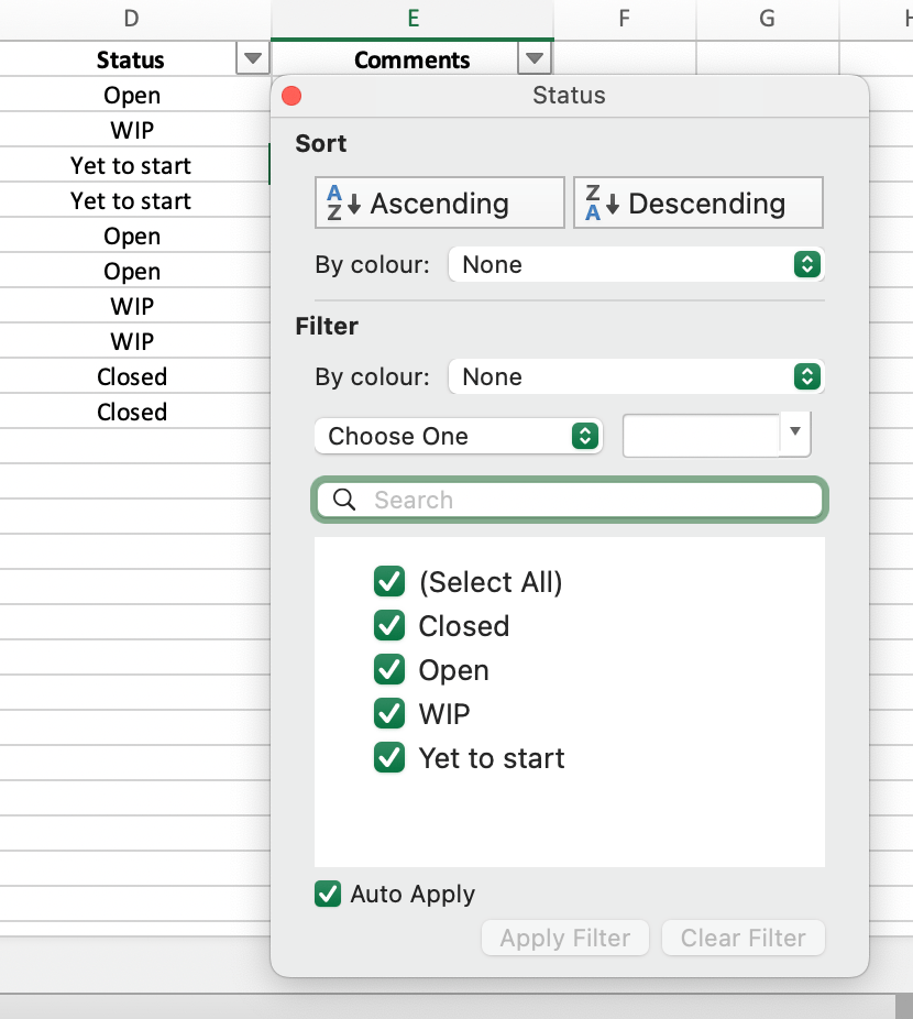 Filtering columns in Excel