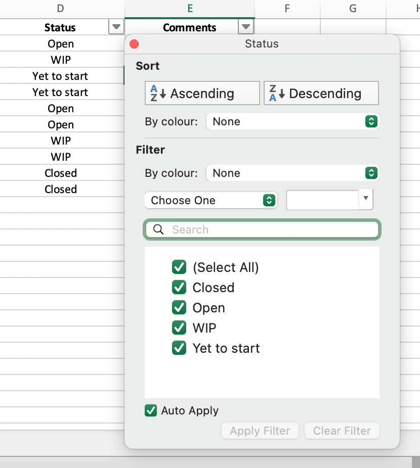 Excelでの列のフィルタリング