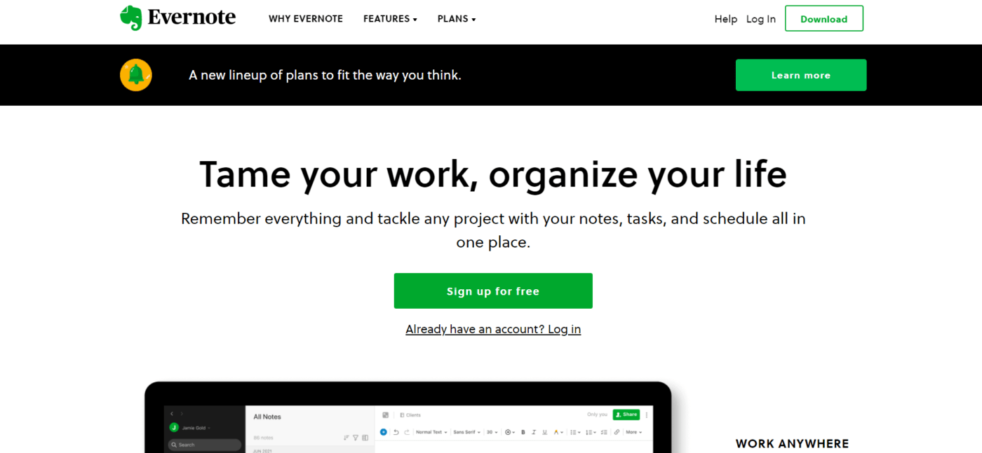 Evernote home page