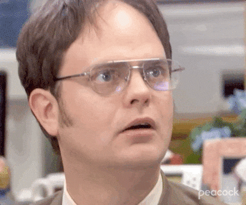 Quick zoom-in on Dwight from the Office, he is looking surprised about microsoft teams