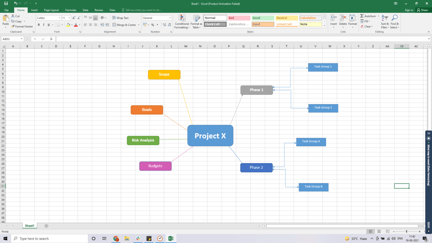 Adding lines and shapes in mind maps in Excel